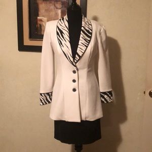 Black dress with white and black jacket